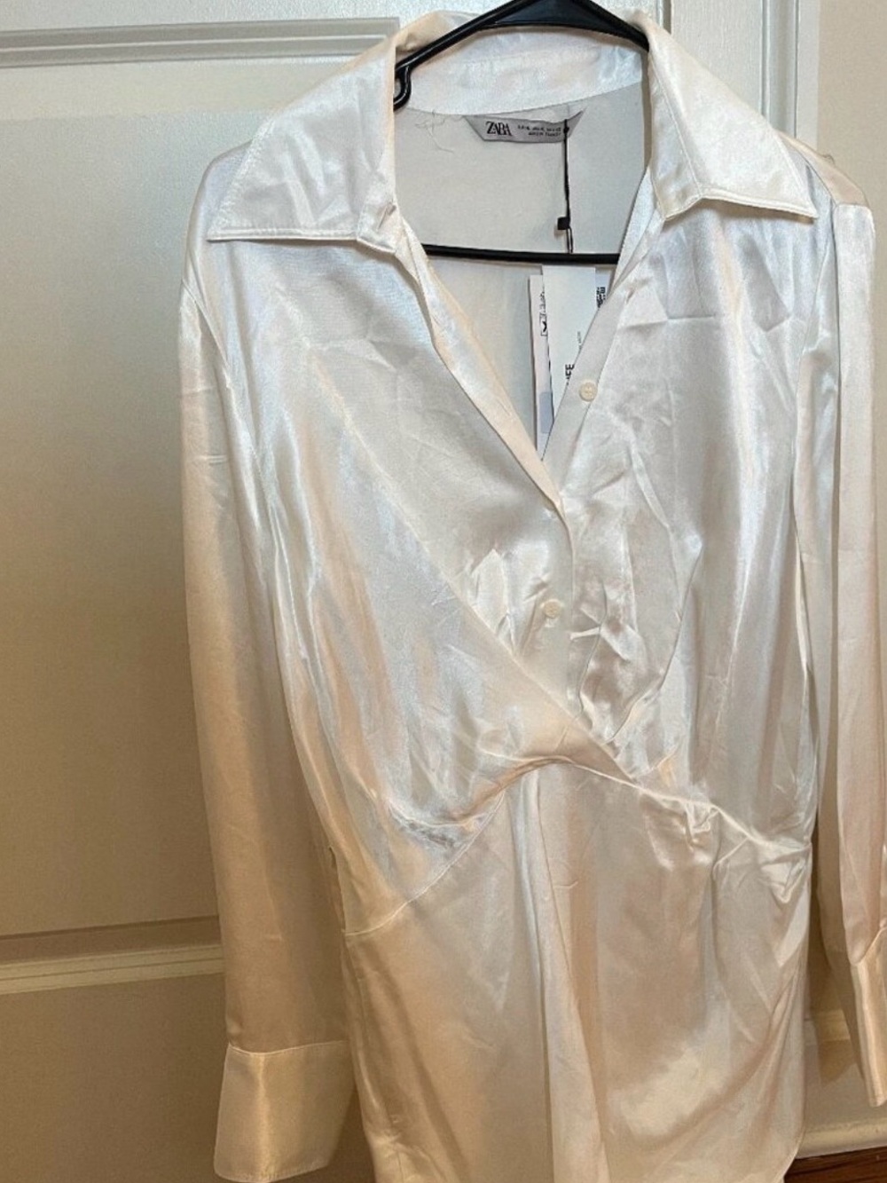 Zara White Satin Long Sleeve Chemise Blouse